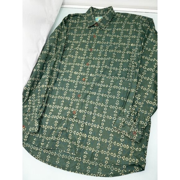 Mutiara Art Bali Men Shirt Lightweight Button Up Geometric Long Sleeve Green XL - Picture 2 of 5